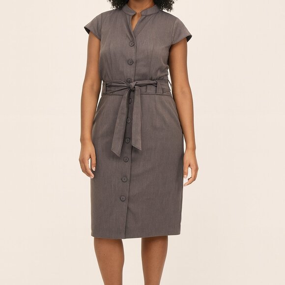 Calvin Klein Gray Sleeveless Belted Button-Front Midi Dress with Waist Tie - Picture 2 of 2